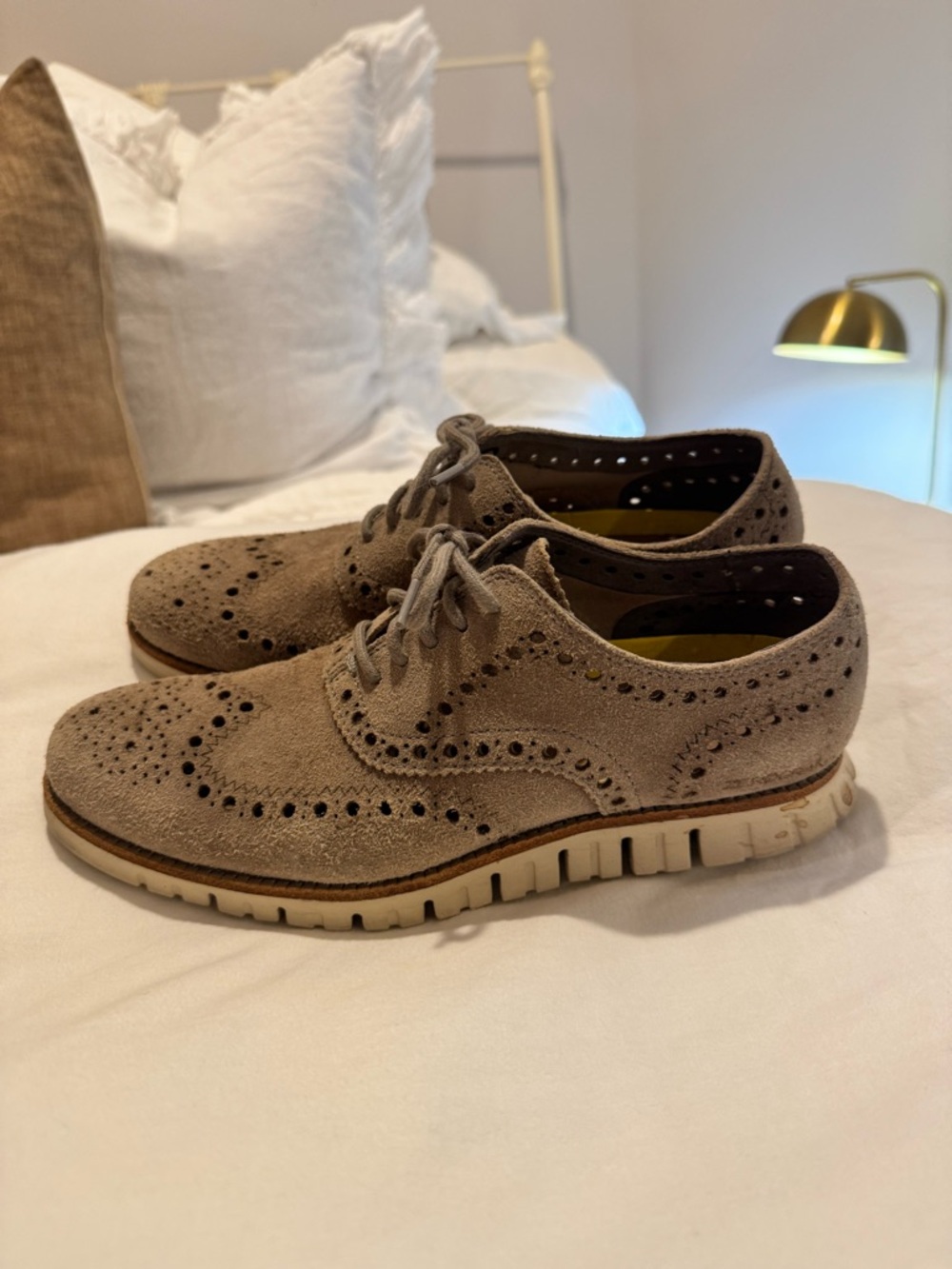 Cole Haan Men’s Taupe Suede Brogue Derby Oxfords